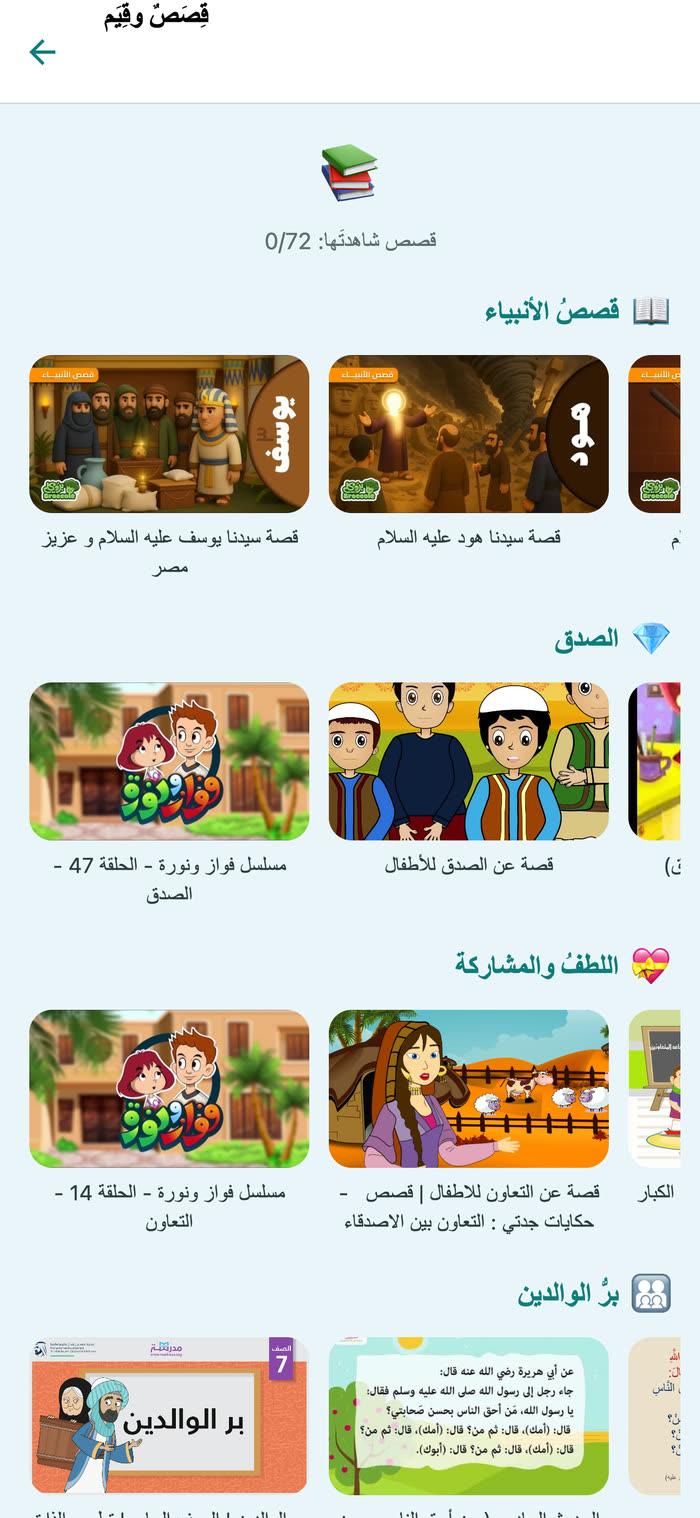 رحلةُ القصصِ والقيم: أقسامٌ لقصصِ الأنبياء والصدقِ واللطفِ وبرِّ الوالدين